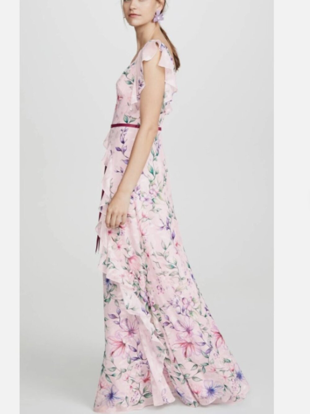 Marchesa Notte Pink V-Neck Floral Tea Gown-Short Sleeve Chiffon Dress NWT sz 20 - Picture 2 of 4